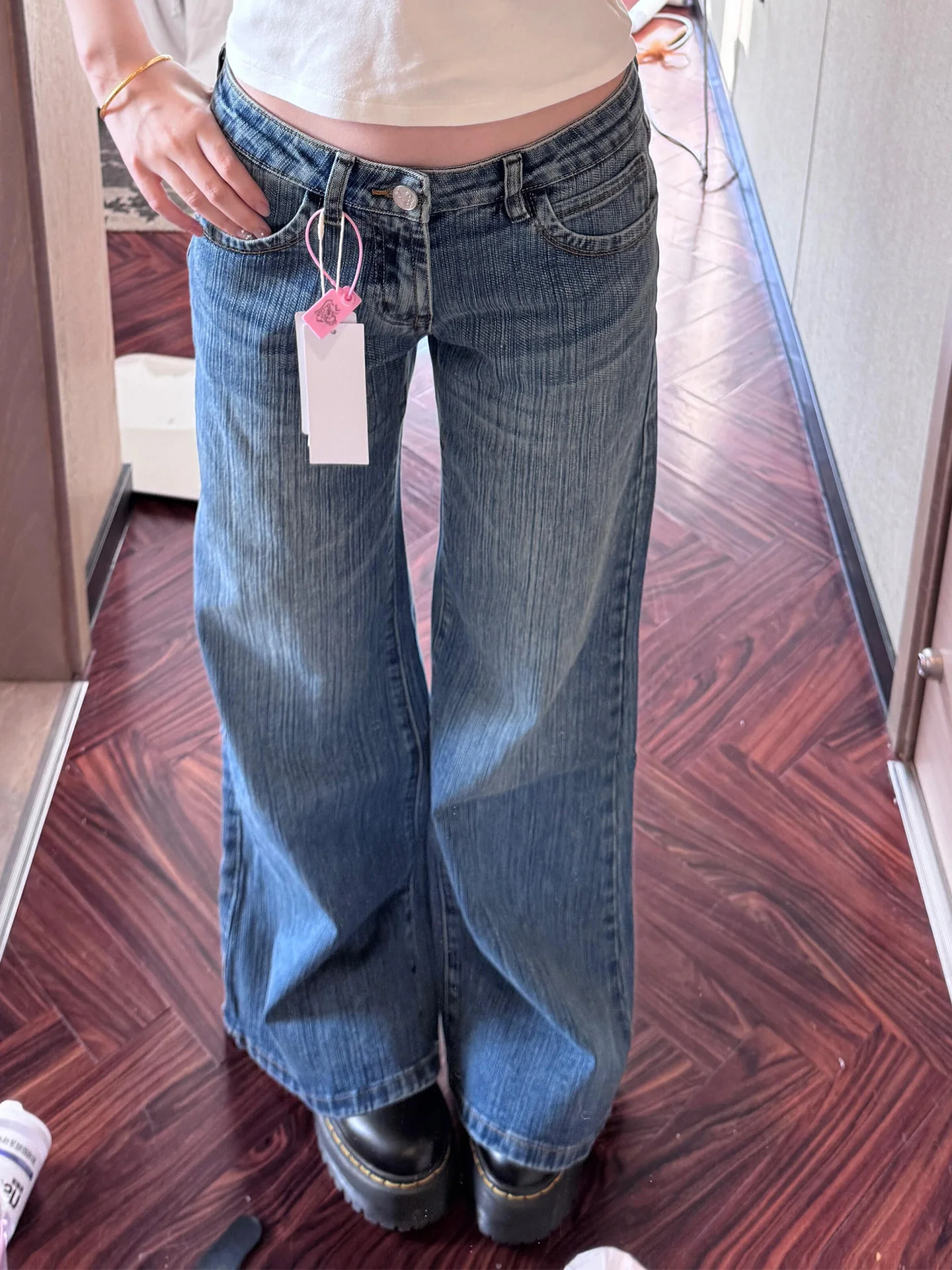 

Джинсы женские прямые с высокой талией в американском стиле, темно-синие, для похудения, повседневные, удобные, из эластичного денима