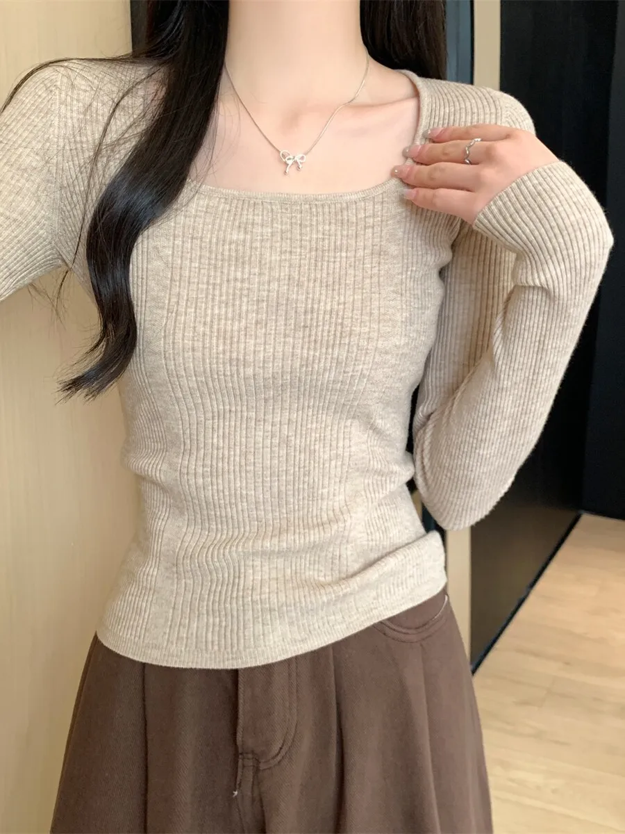 Slim Fit Knitted Sweater Women's Basic Style Long Sleeve Square Collar Inner Wear Top Soft French Style Autumn Winter Spring