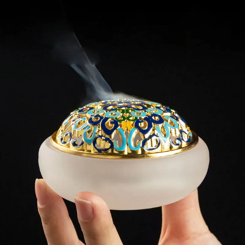 Crystal Incense Burner Enamel Living Room 4 Hours  Coil Incense Censer with Metal Cover Home Decor Ornaments
