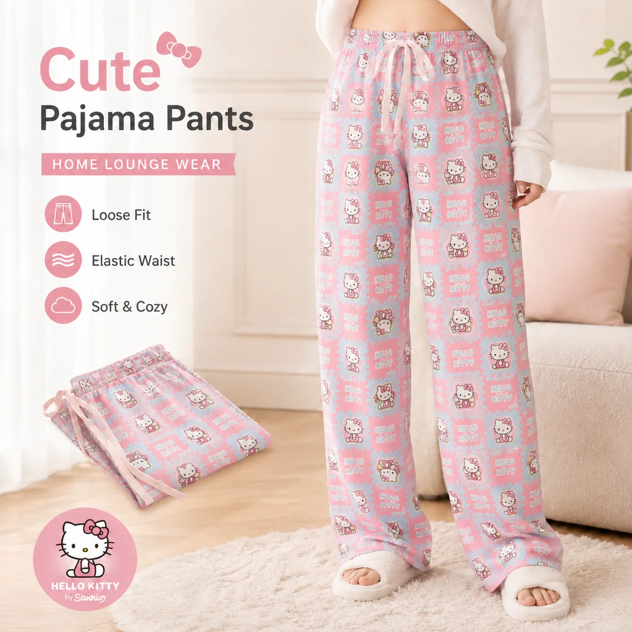 Sanrio Hello Kitty Cartoon Pyjamahose für Damen, Frühling, Sommer, lockere, lässige Heimhose, Schlafhose, Damen-Loungewear, Spazierhose