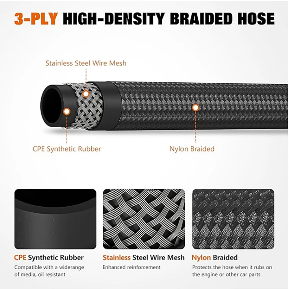 Black/Silvery Nylon stainless steel braided inner CPE fuel hose, oil and gas cooler hose+0°connector 1M~10M