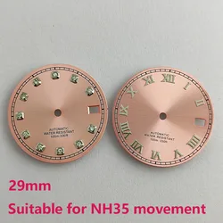 29mm NH35 dial pink dial Roman Diamond Index compatible with NH35 movement 3 o'clock crown case inset