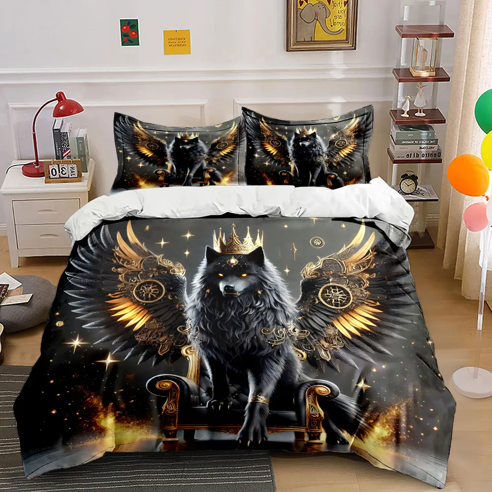 Majestic black wolf with golden crown Bedding Set for Kids Luxury Gift 3pcs Digital Print Comforter Set Soft Comfortable