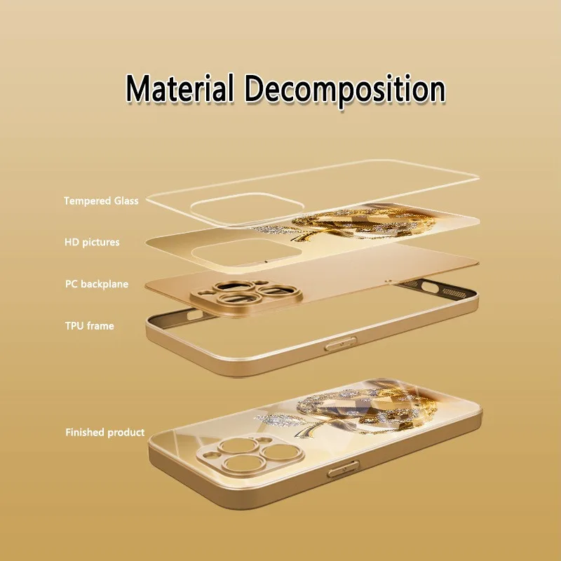 جوهرة فاخرة لهاتف أبل نمط الذهب المعدني الطلاء الزجاجي جراب هاتف آيفون 17 16 15 14 13 12 11 Pro Max Plus 17Air 16E #4