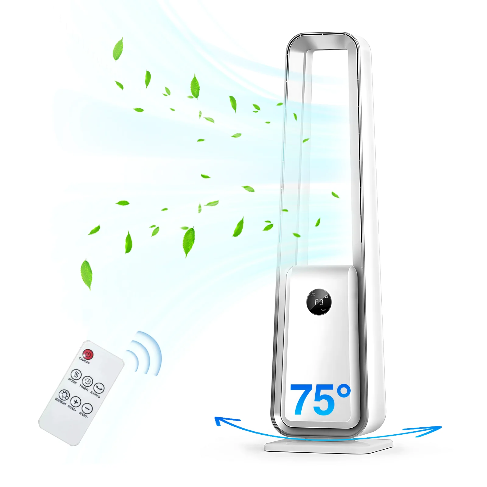 Ventilador de torre sin aspas, silencioso, con control remoto 75 °   Temporizador de oscilación de 3 velocidades con pantalla LED blanca