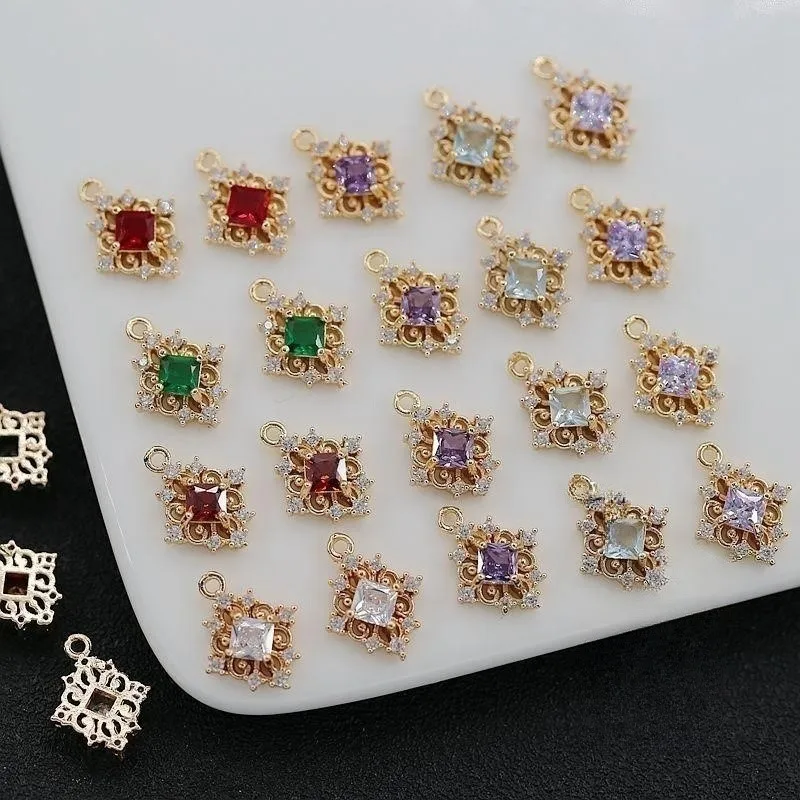 

4pcs 14K Gold Plated Brass Rhombus Zircon with Glass Pendants,Charms For Jewelry Making,DIY Necklace Earring Accessories