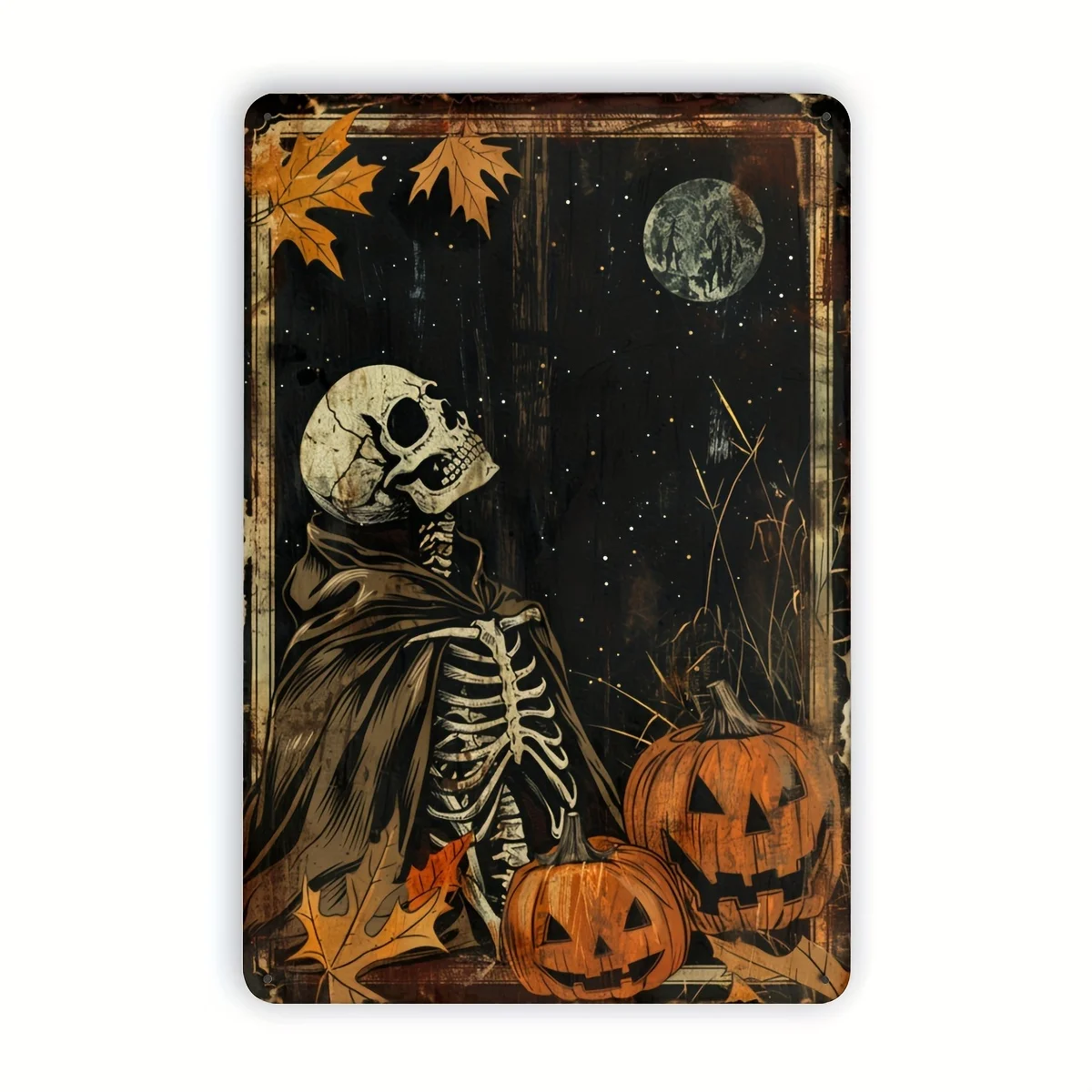 Halloween Skeleton and Pumpkin Metal Tin Sign -  , Durable Wall Art Decor for Home, Office, Garden, Indoor & Outdoor, Easy Ins