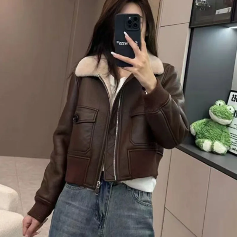 Autumn Winter New Short Leather Jackets Women\'s Outwear Thicken Warm Parker Coat Exterior Plush Liner Loose Fur One Jacket Coat