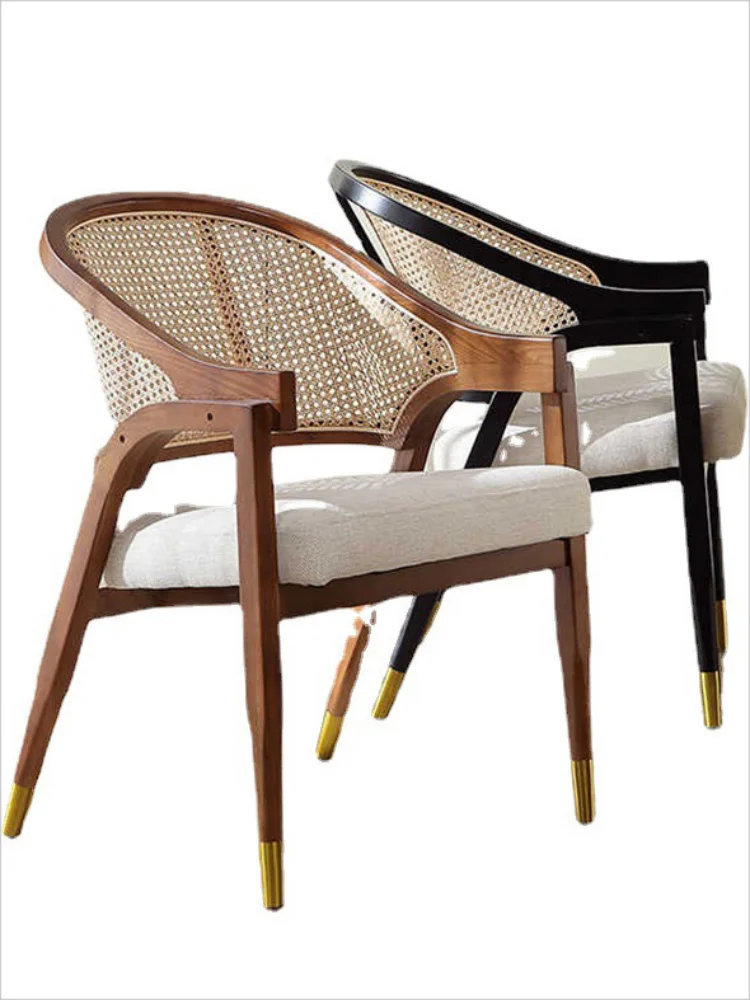 Nordic retro dining chair solid wood rattan chair home restaurant coffee soft bag armchair Xianjun negotiates rattan chair