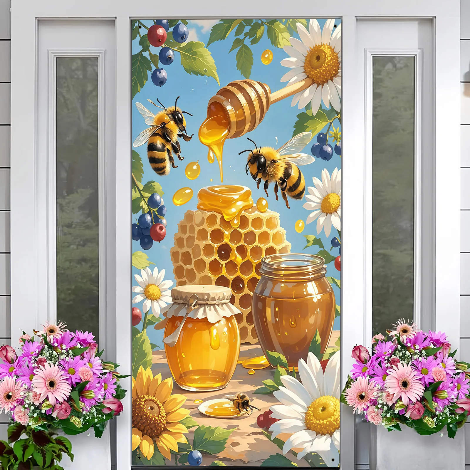Party Door Banner Measuring 1pc 90x180cm Polyester Bee Festival Decoration with Vibrant Artistic Illustrations Sunflower Curtain
