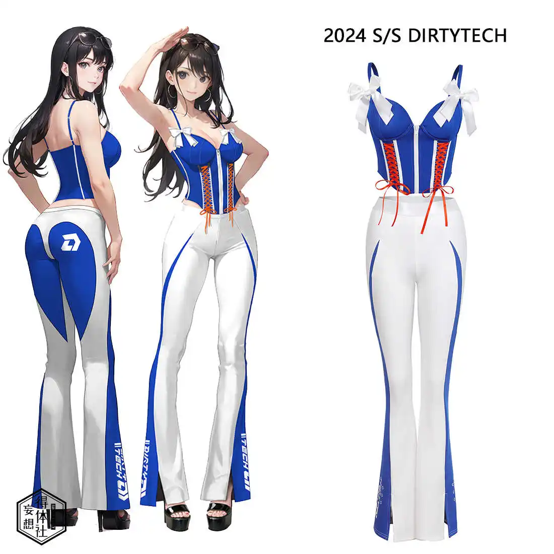 Dirty Tech Japanese Anime RACE QUEEN Cosplay Costume Women Summer Fishbone Corset Elastic Slim Fit Flared Pants Set Sexy