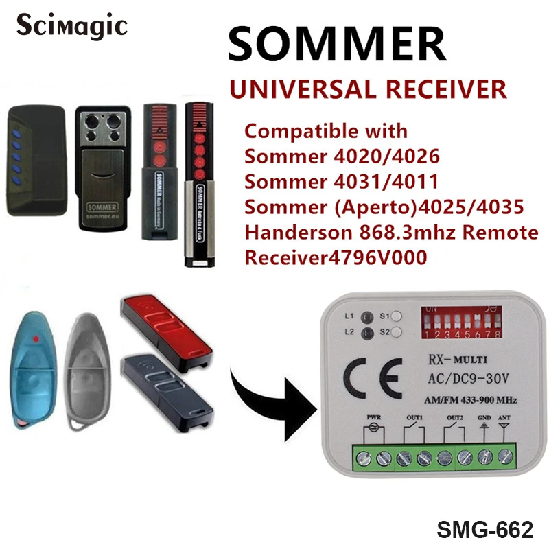 Receptor Universal para puerta de garaje, mando a distancia SOMMER 4026, TX03-868-2, 4020, TX03-868-4, 2 canales, DC 9V-30V, 300-868MHz