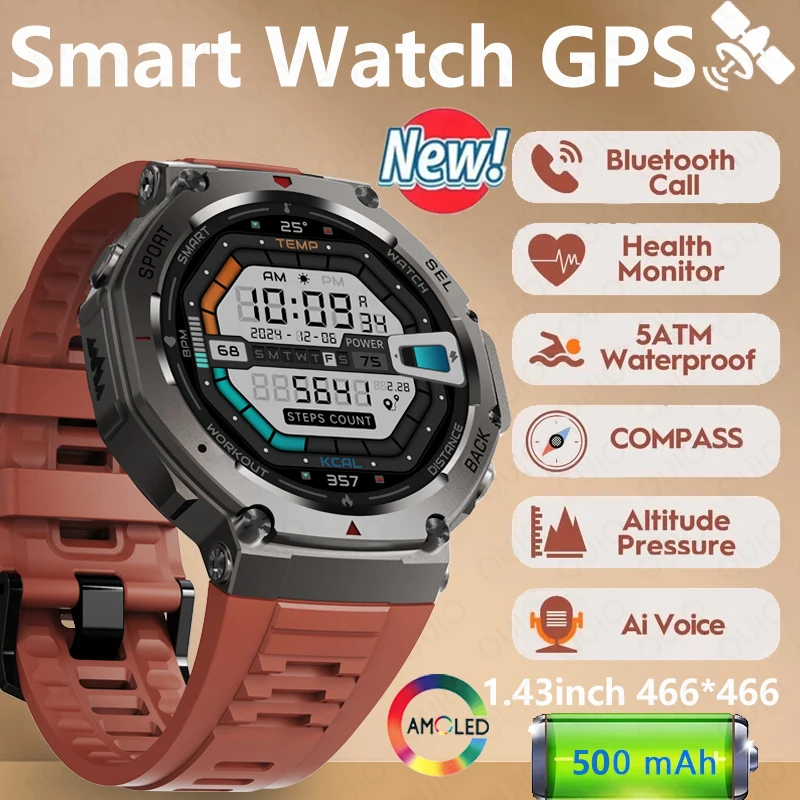 

2025 Военные водонепроницаемые умные часы с GPS, 1,43 дюйма, HD AMOLED, встроенные 6-частотные спутниковые часы для спорта на открытом воздухе, фитнеса, умные часы для мужчин