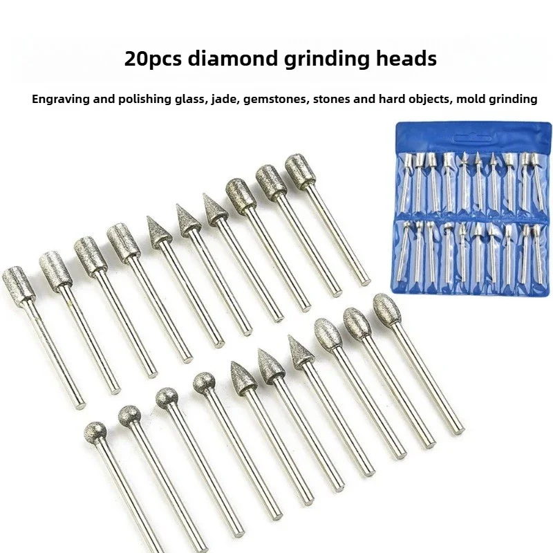 20pcs Diamond Grinding Heads Mini Bit For Rotary Drill Tool Burrs Grinding Accessories 3mm Shank Tools Kit Abrasive Tool