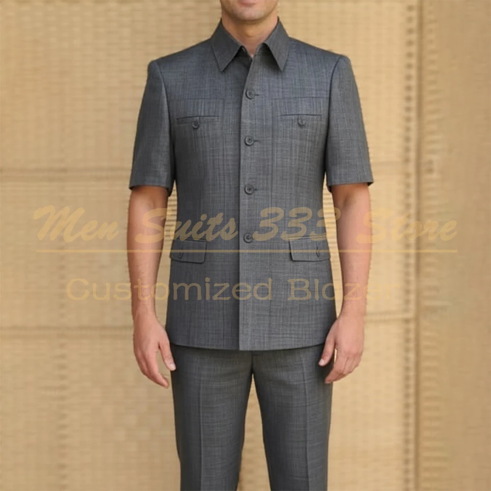 

Safari Short Sleeve Men's Suits Elegant Regular Length Slim Fit 2 Piece Jacket Pants Full Sets Customzied Summer Male Clothing