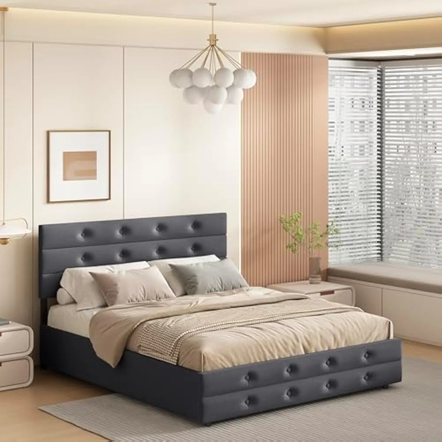 Upholstered Queen Size Platform Bed Frame with Storage Drawers and Trundle Bed, Button Tufted Headboard, Mattress Foundation wi