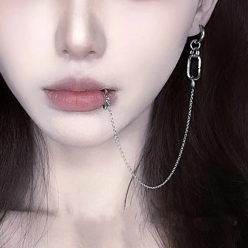 1Pcs Fake Piercing Lip Chains Ear Clip Punk Gothic Cool Girl False Lip Ring Earrings Dangle Faux Piercing Metal Body Jewellry