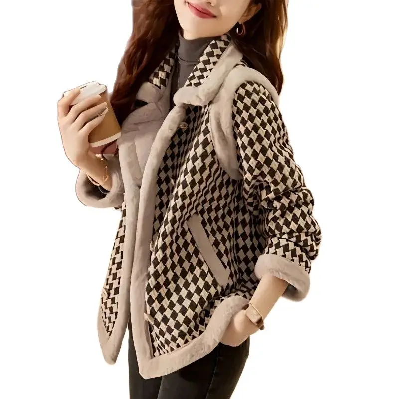 

Checkerboard Lattice Ladies jacket Blouse Feminine High-End Woolen 2023 Thick Short Loose Add Velvet Winter Keep Warm Coat Girl