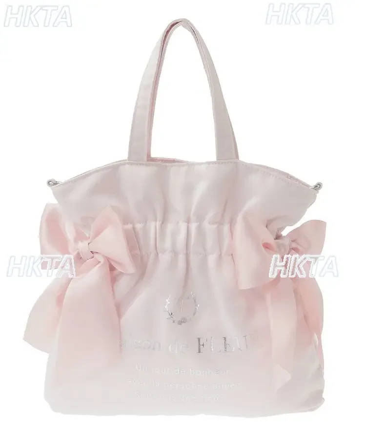 Japanese Style Fashion 25 Autumn New Letter Cute Double Bow Satin Silver Bags Women Sweet Versatile Portable Messenger Bag Girls