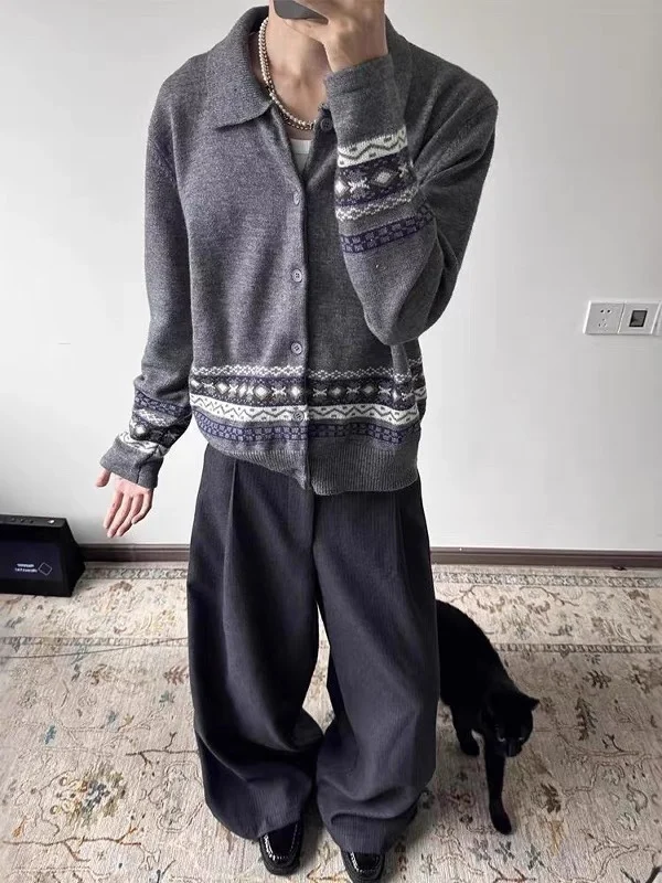 

Вязаный открытый кардиган в американском стиле ретро, мужской свободный утягивающий повседневный свитер для пар, верхняя одежда, мягкий фланелевой дизайн с лацканами