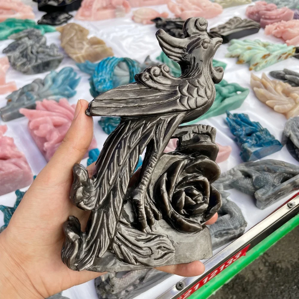 Natural Silver Obsidian Peacock & Phoenix Carving Feng Shui Healing Home Decor Lucky Gift Fashion Feng Shui Lucky Charm