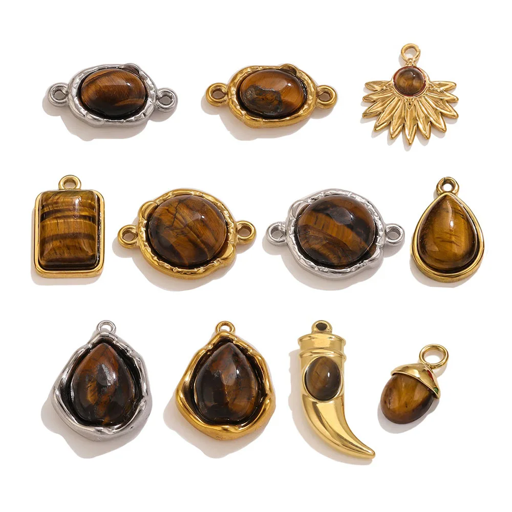 3pcs Stainless Steel Tiger's Eye Stone Charms PVD Gold Gemstone Pendants for DIY Women Earring Necklace Accessories Supplies