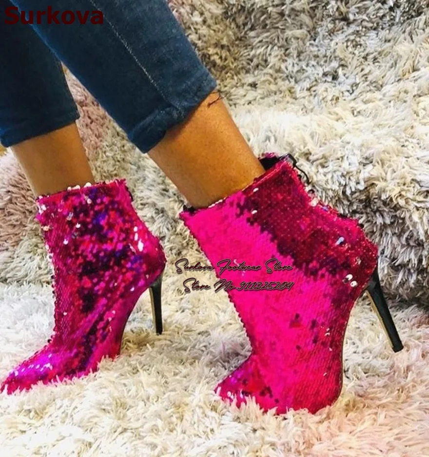 

Surkova Fuchsia Multi-Color Bling Bling Sequined Ankle Boots Stiletto Heel Pointed Toe Glitter Paillette Booties Wedding Shoes