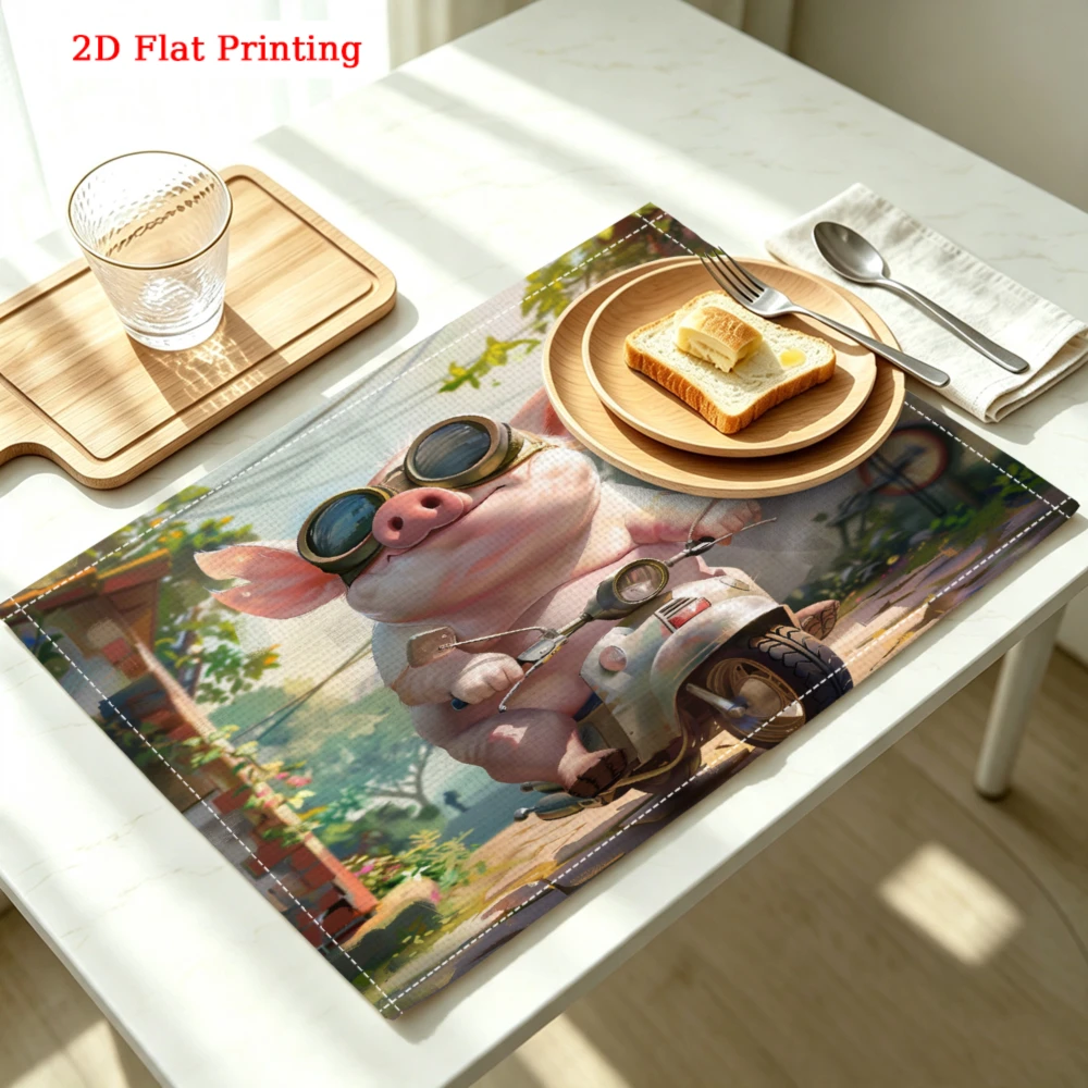 2Pcs Multicolor Steampunk Aviator Pig Placemat Kitchen Dining Home Decor Protection 30X40Cm