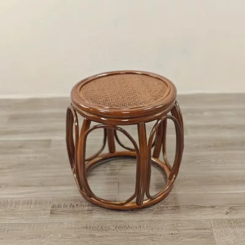 Authentic Natural Rattan Drum Stool, Handwoven Boho Ottoman for Entryway, Living Room & Balcony, Round Seat with Sturdy Frame