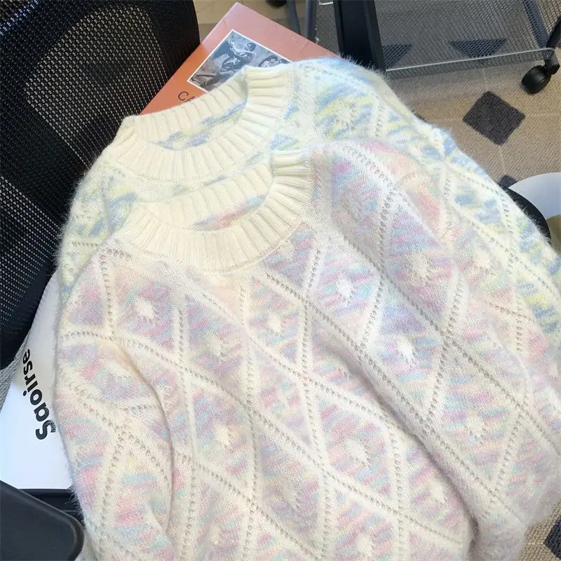 Herbst und Winter Mode Koreanische Neue frauen Elegante Gestrickte Süße Wind Muster Wolle Hoodie Farbverlauf Warme Pullover Jumper