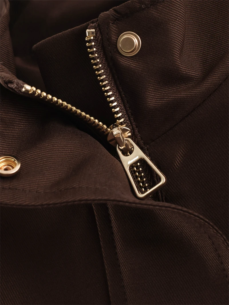 Guobioziy 2026 Autumn Waist-Cinched Stand Collar Jacket Loose Fit Pockets Buttons Drawstring Epaulettes Fashionable Trench Coat