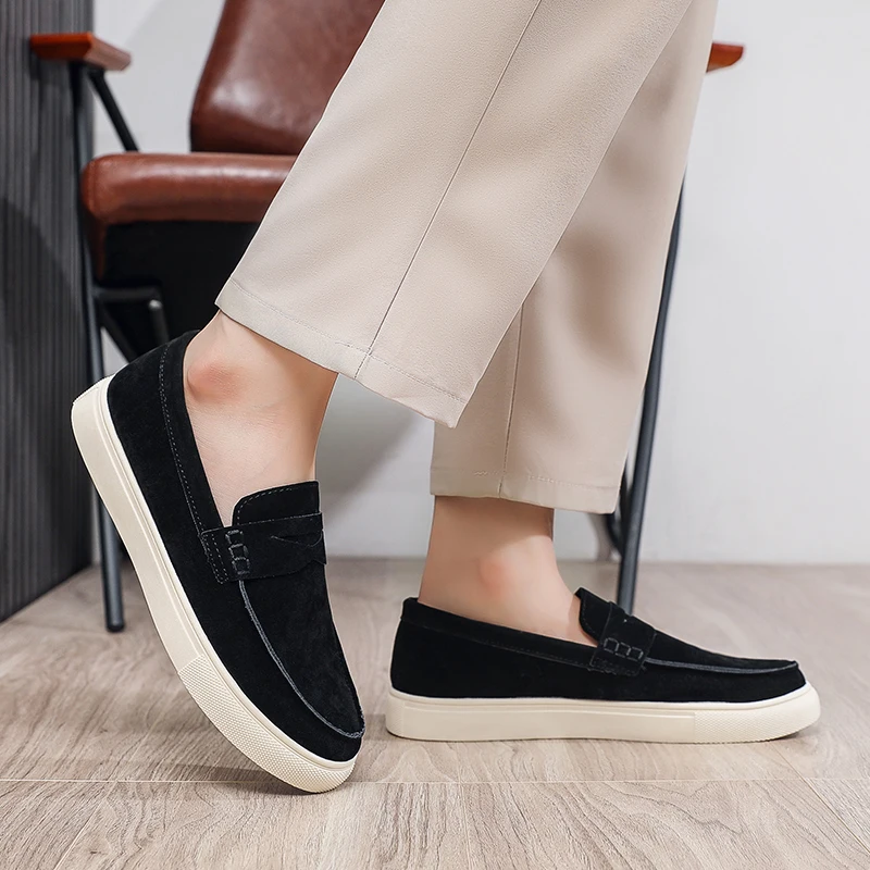 أزياء مريحة الانزلاق على الجلد المدبوغ رجل المتسكعون الرجال عارضة أحذية تنفس خفيفة الوزن المشي أحذية قيادة الأخفاف المسطحة #5