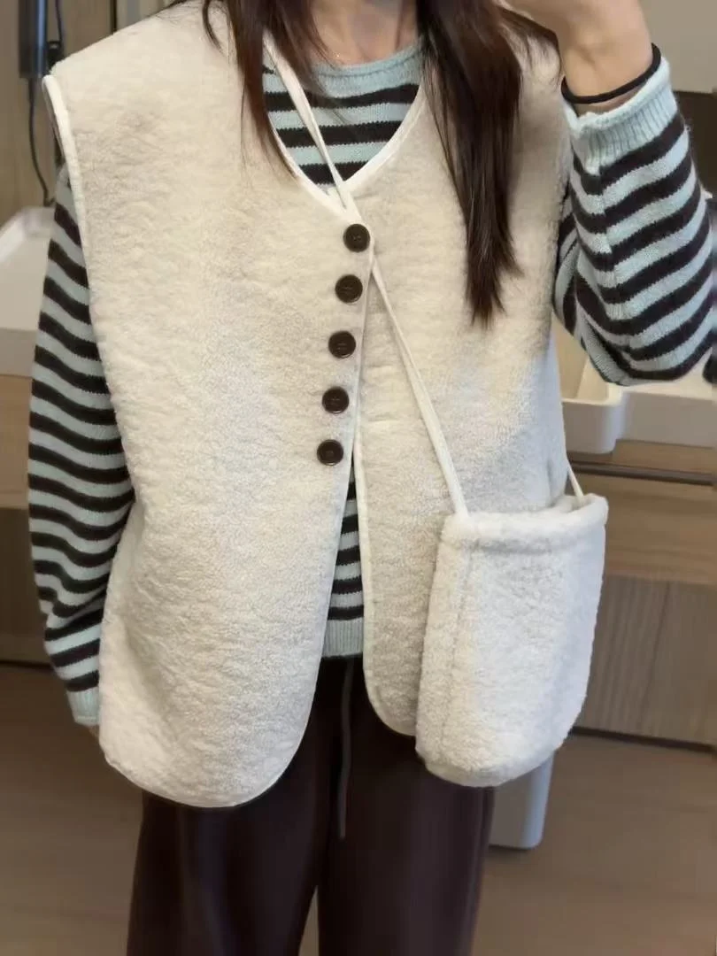 

Женский жилет из овечьей шерсти, свободный, круглый вырез, ретро, универсальный, осенне-зимний, новый, в корейском стиле, верхняя одежда
