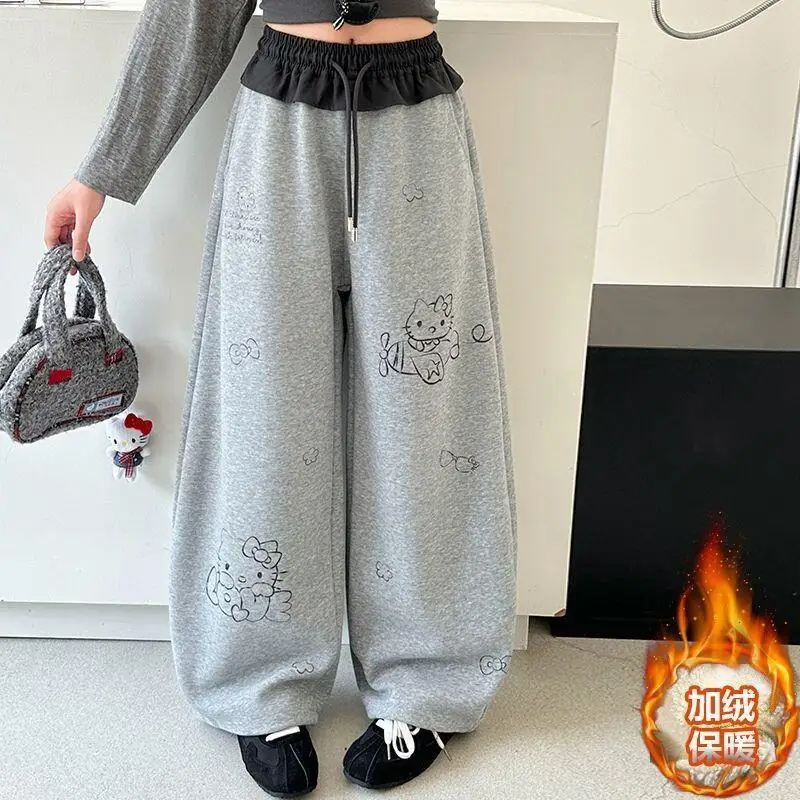 

Sanrio Hello Kitty Girls Casual Sweatpants Winter 2025 New Korean Style Cat Print Wide Leg Pants Kids Loose Straight Leg Pants