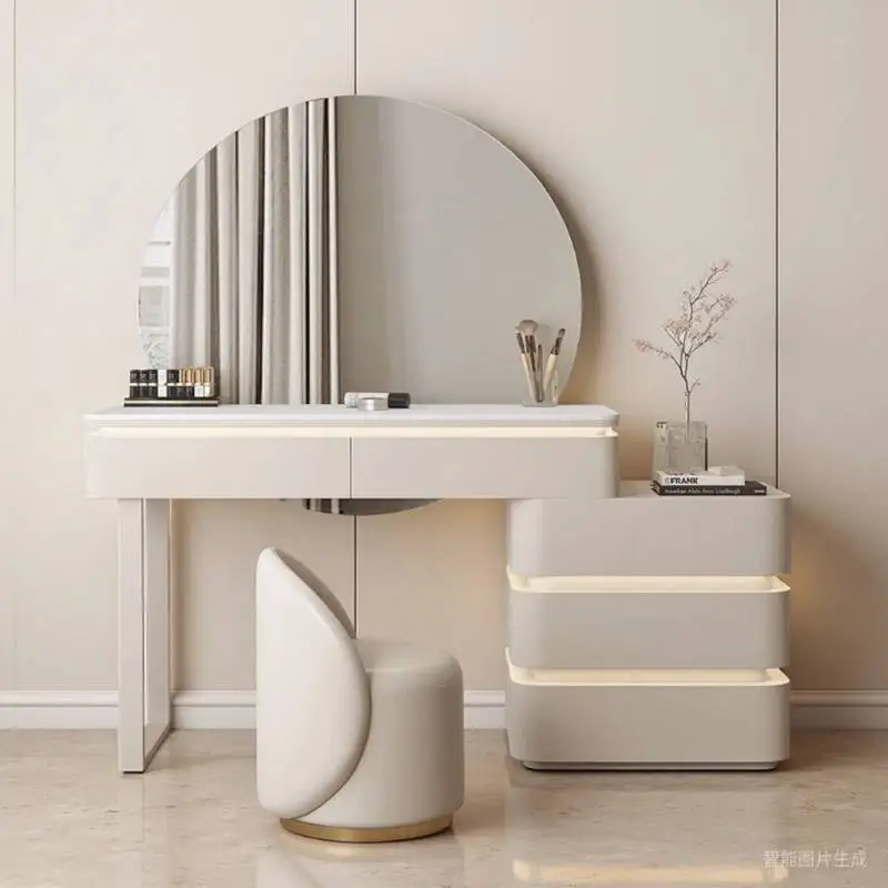

Cream Luxury Vanity Desk Mirror Light Storage Modern Lounges White Vanity Desk Makeup Dorm Cute Coiffeuse Furniture For Home