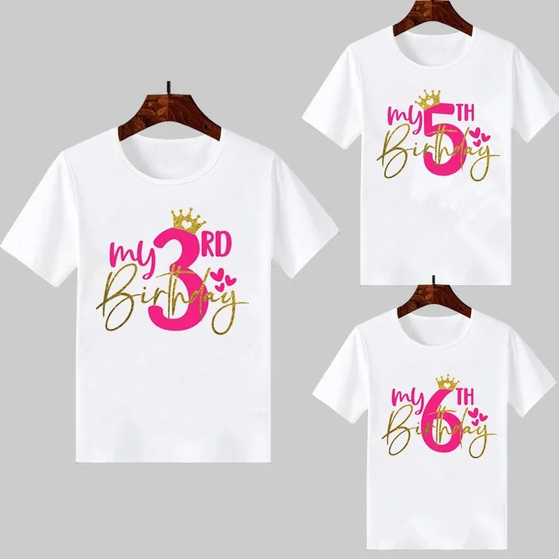 My 3-10th Birthday Number Golden Crown Letters Print Baby Clothes Girl T-Shirt Lovely Children Summer Top White Tshirt Kids Gift