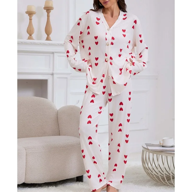 

Krismile Women's Pajama Sets Spliced Print 2025 Autumn Winter Pearl Button V Neck Top Straight Pants Casual Leisurewear K9042