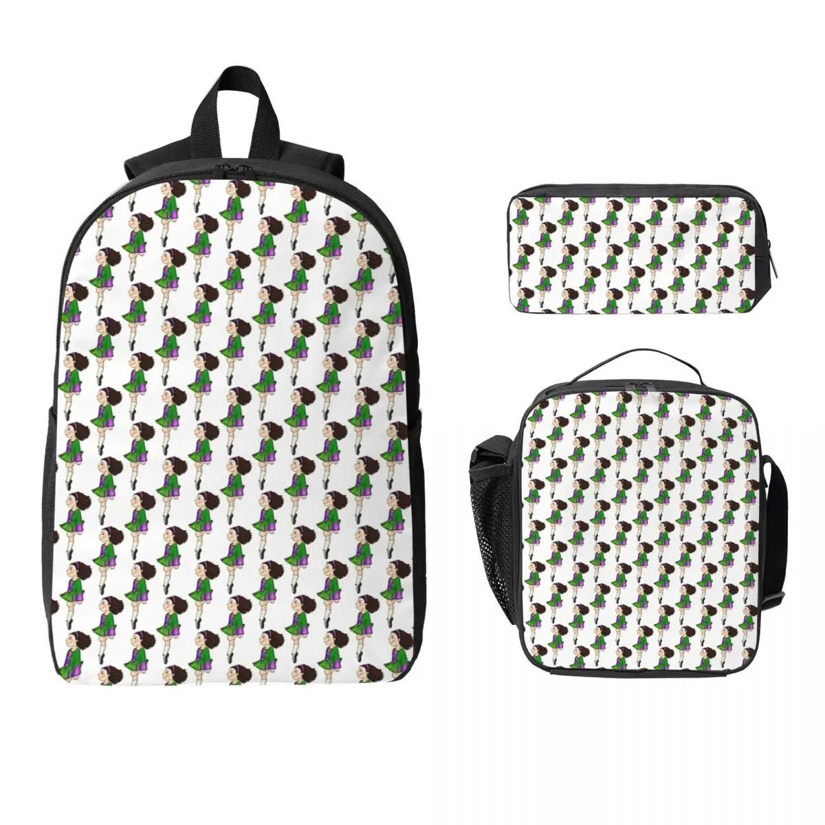 Irish Dance Girl In Green Dress Backpack Student Boys Girls BookBag School Bag Shoulder Bags 3ps Insulated Lunch Bag Pencil Case