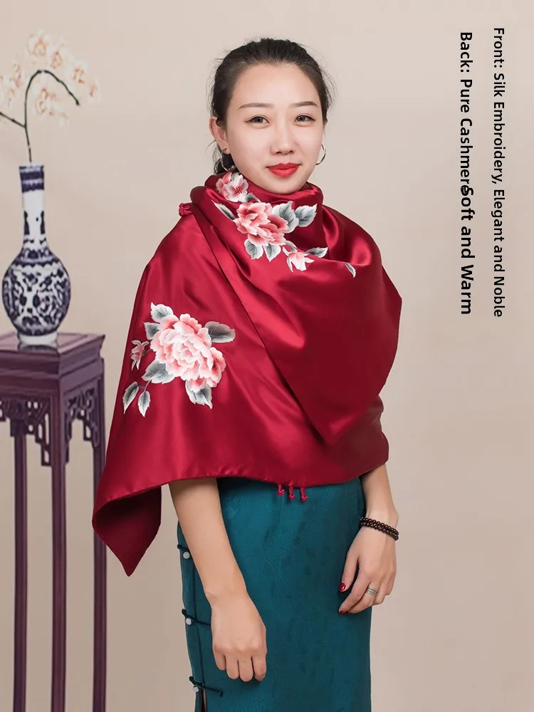 

Retro Silk Scarf Ethnic Style Woolen Warmth for Women Embroidery Wedding Dress Shawl Plant Floral Pattern Rectangle