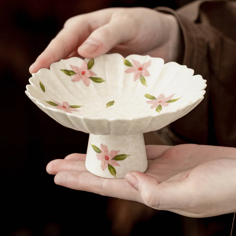 Hand Drawn Cherry Blossom High Footed Fruit Plate Exquisite and High Aesthetic Ceramic Fruit Plate