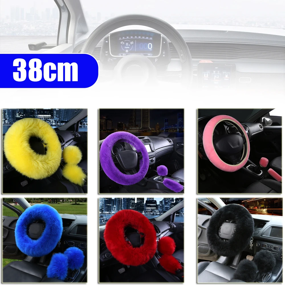 

3PCS Fur Steering Wheel Cover Gear Shifter Cover Handbrake Cover Set Auto Plush Warm Fluffy Fuzzy Car Accessories for Women Girl
