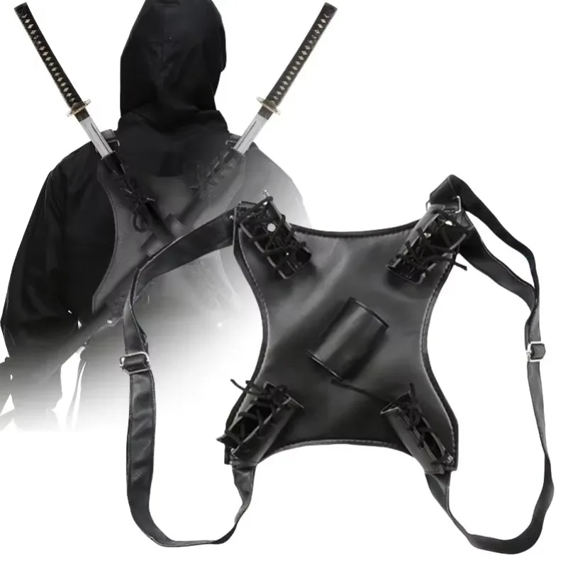 Double Sword Back Harness, PU Leather Sword Holder Strap for Cosplay Costume, Adjustable Back Sheath for Ninja Samurai Sword