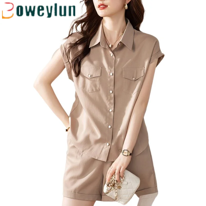 

Boweylun Women Short Sleeve Shirt Five Points Pants Casual Suit Summer Fashion Solid Color Top Pants Two Piece Set