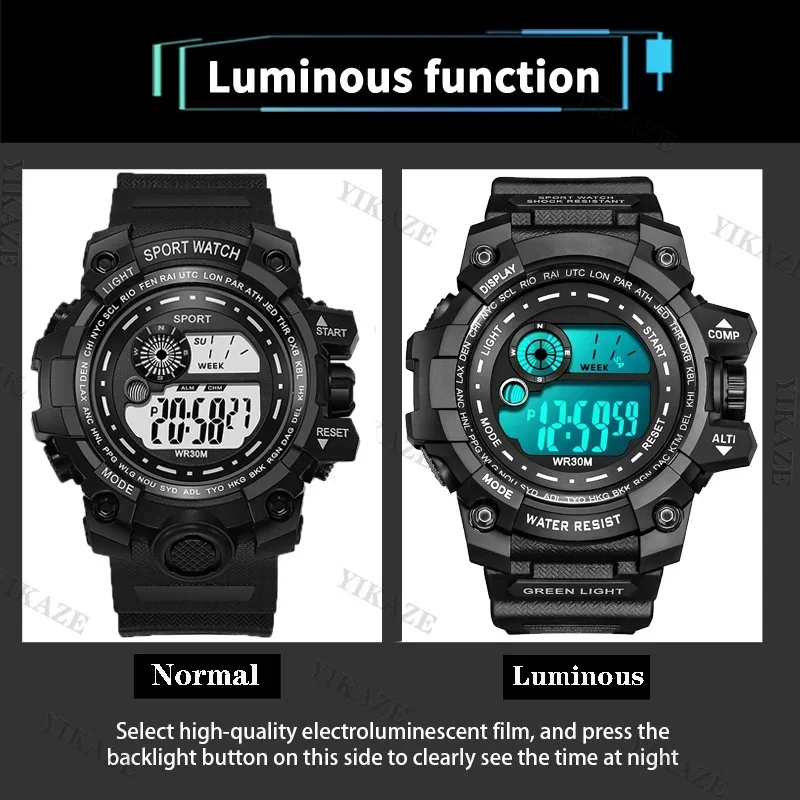 YIKAZE LED Digital Watches for Men Waterproof Men's Sports Watches Alarm Clock Stopwatch Electronic Wristwatch for Kids Student