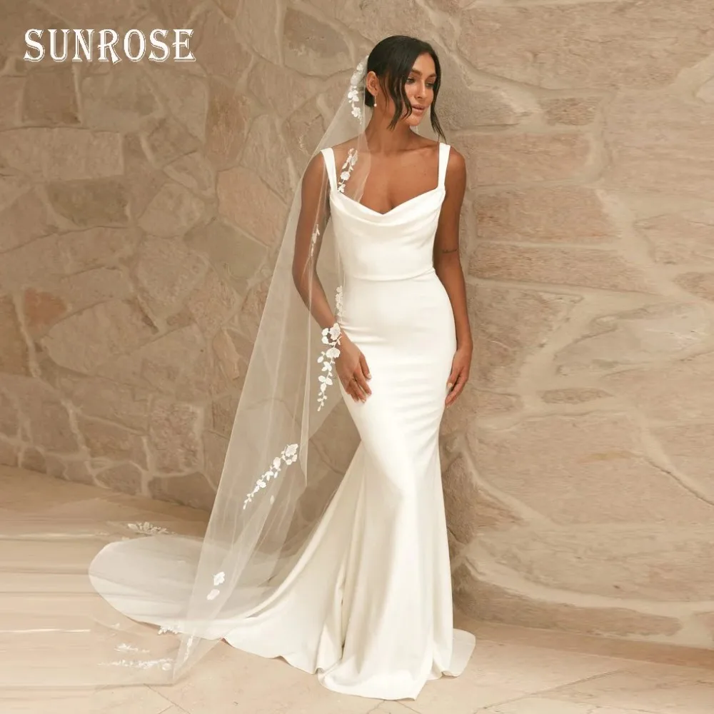 

SUNROSE Boho Wedding Dresses Mermaid 2025 with Straps Backless Soft Satin Simple Plain Bridal Gowns Rustic Bride Dress for Women