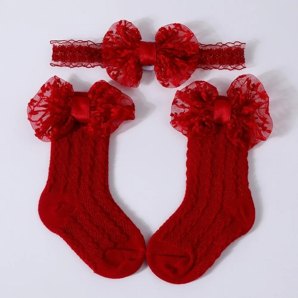 2PCS/Set Solid Color Headband Socks Hollow Out Lace Bow Lace Bow Socks Breathable Elastic Knit Socks Set 3-12M Newborn Girl