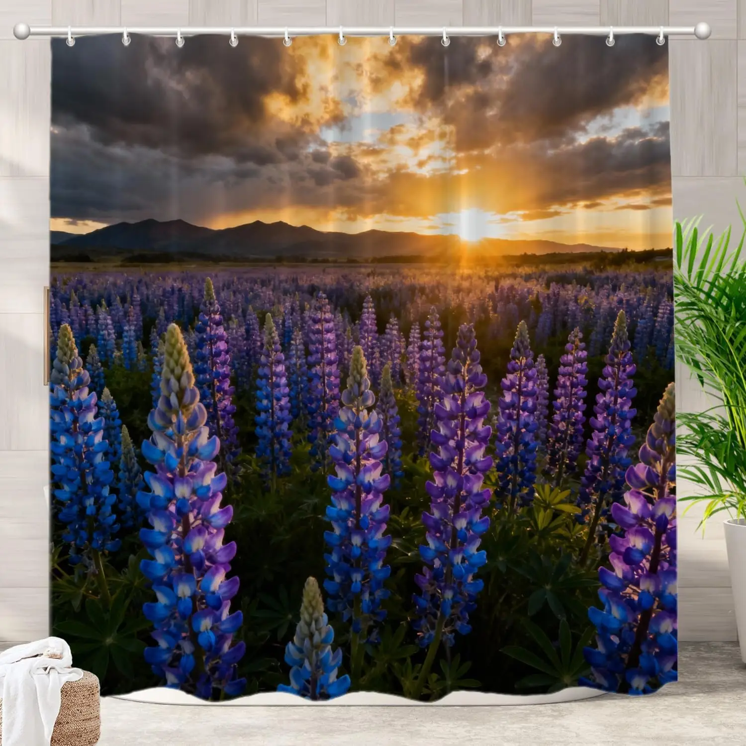 

Texas Sunset Landscape Decorative Shower Curtain, Wildflowers Bluebonnets Cute Long Wide Shower Curtain with Rust Proof Grommets