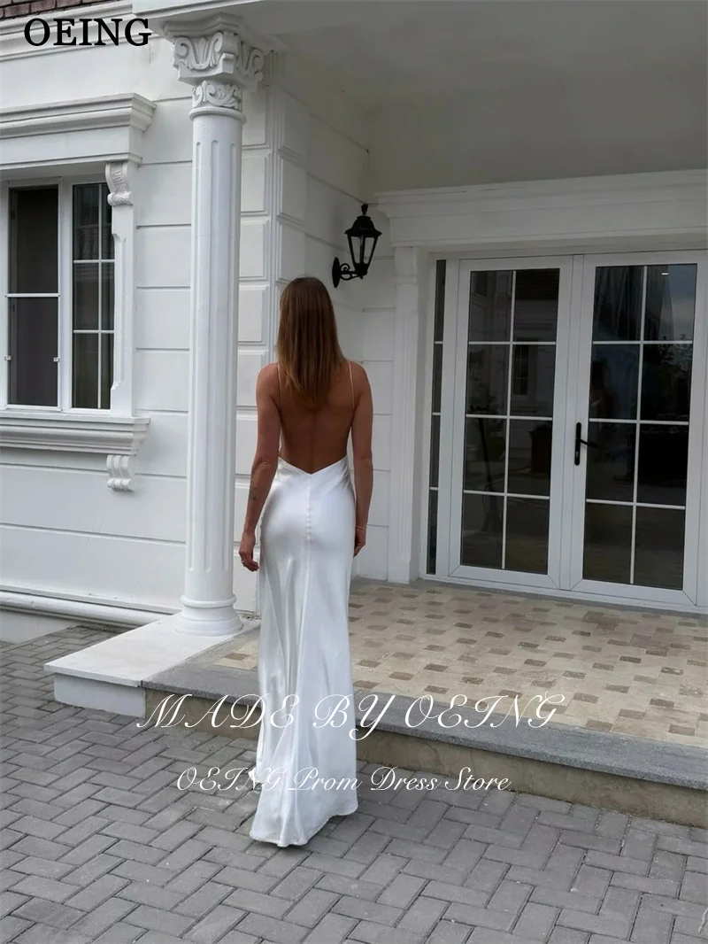 Oeing simples sereia vestidos de baile com decote em v sem mangas cetim sem costas fenda lateral vestidos de festa até o chão vestido de noite personalizado