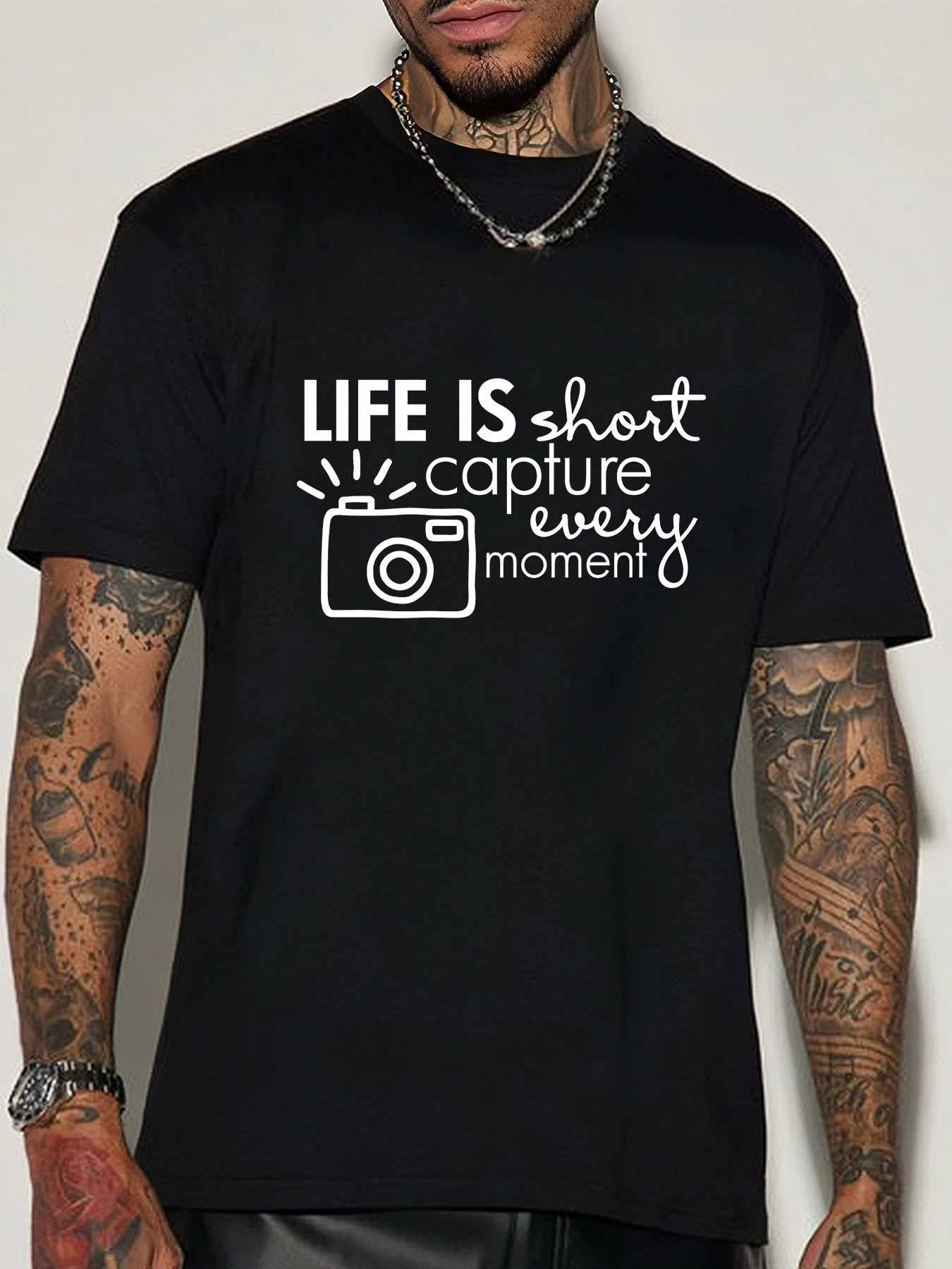 Photographer Quote Mens Crew Neck Cotton T Shirt Life Is Short Capture Every Moment Camera Print Short Sleeve Casual Street Top