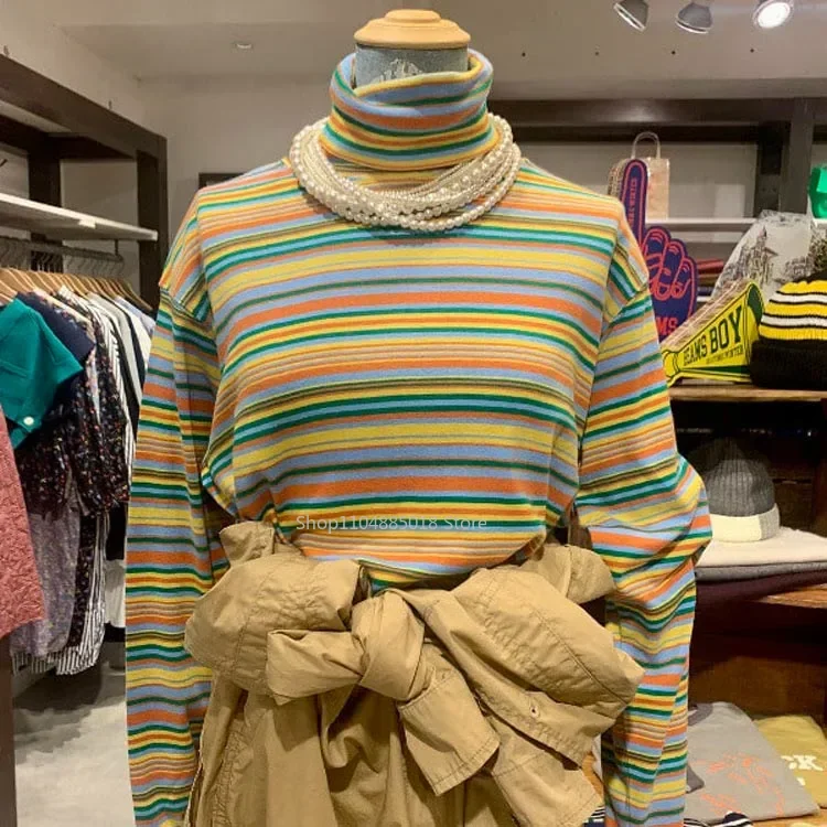 

Japanese Vintage Striped Polo/turtle Neck Long Sleeve T-shirt Arrival Loose-fit Versatile Integrated Velvet Base Layer Top Women